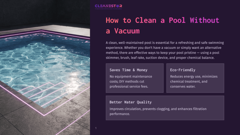 1 How To Clean A Pool Without A Vacuum Cleanestor Logo Above A Graphic Of A Pool With Glowing Pink Lights, Promoting &Quot;How To Clean A Pool Without A Vacuum.