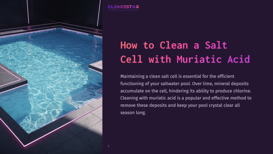 1 How To Clean A Salt Cell With Muriatic Acid A Modern, Dimly Lit Indoor Swimming Pool With Clear Blue Water, Illuminated By Pink And Purple Led Lights. The Image Features Text: &Quot;Cleanestor&Quot; And &Quot;How To Clean A Salt Cell With Muriatic Acid&Quot;.