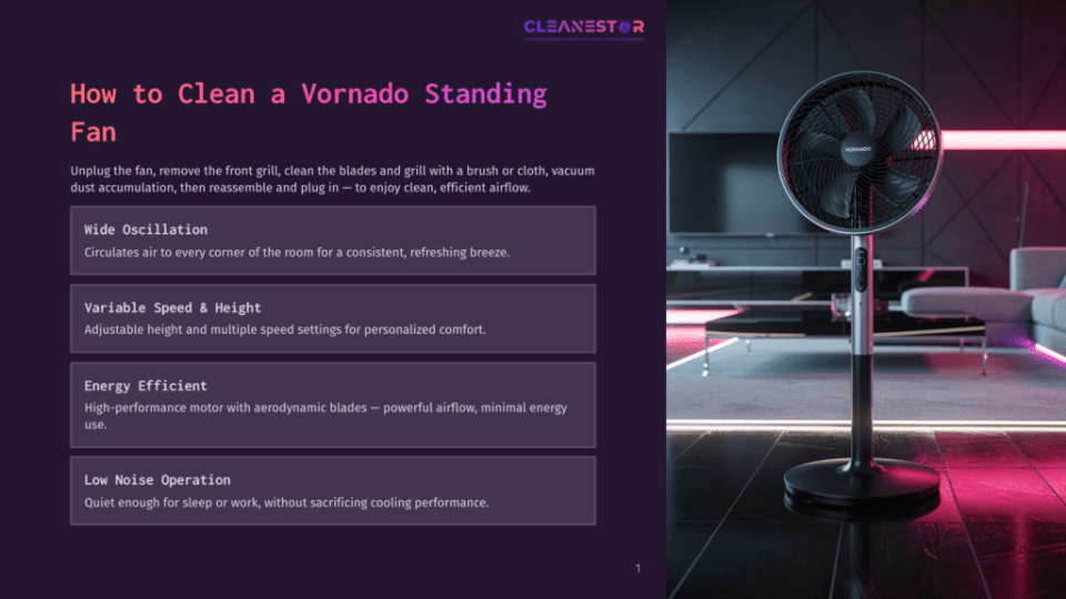 1 How To Clean A Vornado Standing Fan A Vornado Standing Fan With Wide Oscillation, Variable Speed, And Height, And Low Noise Operation Is Shown In A Modern Living Room With Pink And Purple Lighting.