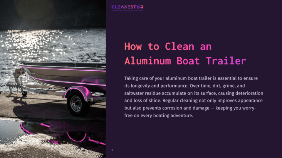 1 How To Clean An Aluminum Boat Trailer A Sleek Aluminum Boat Trailer With A Purple Accent Is Parked Near A Body Of Water, Reflecting The Shimmering Sunlight. A Text Overlay Reads &Quot;How To Clean An Aluminum Boat Trailer&Quot; In Bold, White Font.