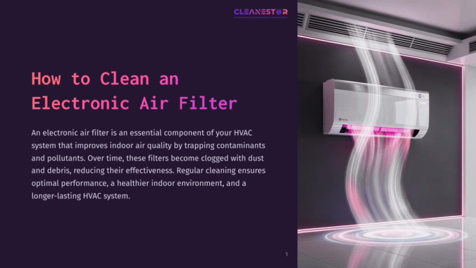 A White Electronic Air Filter Unit Mounted On A Dark Wall, With Bright Pink And White Light Streams Flowing Out, Illustrating How To Clean An Electronic Air Filter. The Text &Quot;Cleanestor&Quot; Is Visible At The Top.