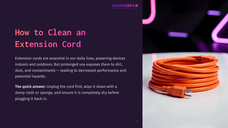 An Orange Extension Cord Is Coiled Neatly On A White Surface, With A Blurred Background Of Pink Neon Lights. The Text &Quot;How To Clean An Extension Cord&Quot; Is Visible On The Left.