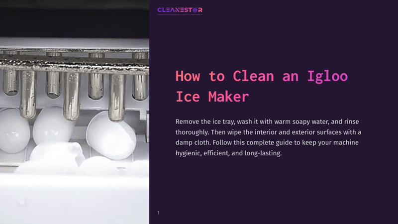 1 How To Clean An Igloo Ice Maker Close-Up Of An Igloo Ice Maker With Shiny Metal Tubes Dispensing Ice Into A Tray Filled With Soapy Water And White Foam. &Quot;Cleanestor How To Clean An Igloo Ice Maker&Quot; Text Overlay.