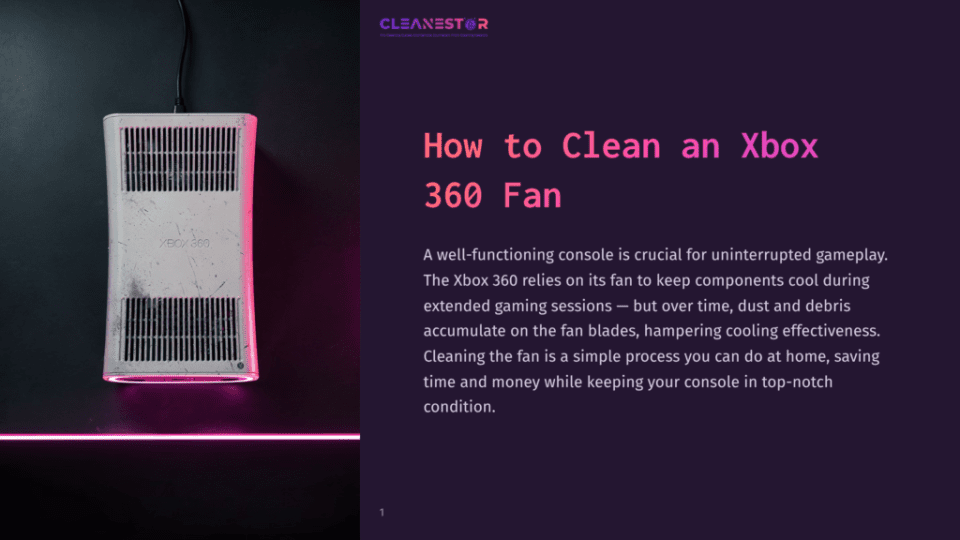 1 How To Clean An Xbox 360 Fan 1 A Dusty White Xbox 360 Console Sits On A Dark Surface, Illuminated By A Vibrant Pink Neon Light Strip Along The Bottom Edge.