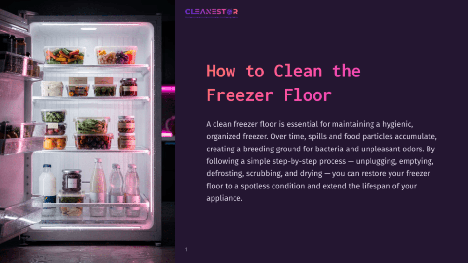 1 How To Clean The Freezer Floor A Clean, Organized Freezer Is Open, Showcasing Shelves Filled With Clear Containers Of Fresh Produce And Jars Of Food. The Text &Quot;Cleanestor How To Clean The Freezer Floor&Quot; Is Overlaid On The Image.