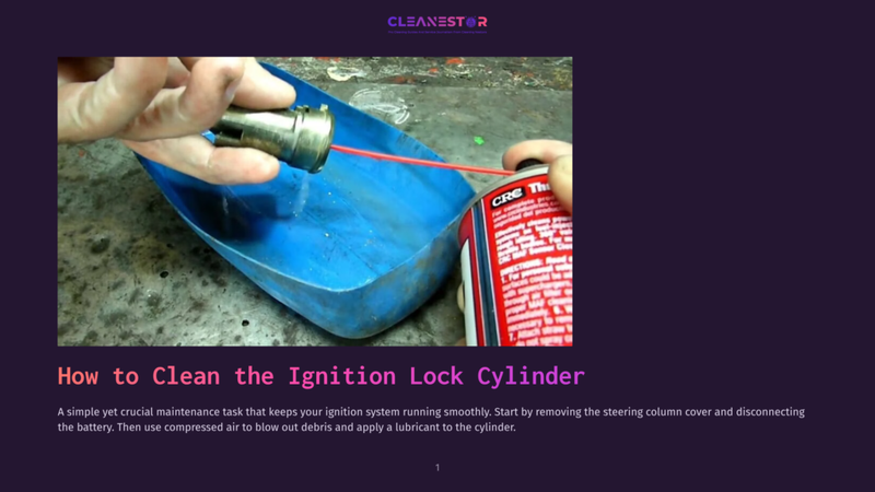 1 How To Clean The Ignition Lock Cylinder A Person Using A Can Of Compressed Air To Clean The Ignition Lock Cylinder, Which Is Inside A Blue Container With A Red Wire Attached, While Wearing A Blue Glove.