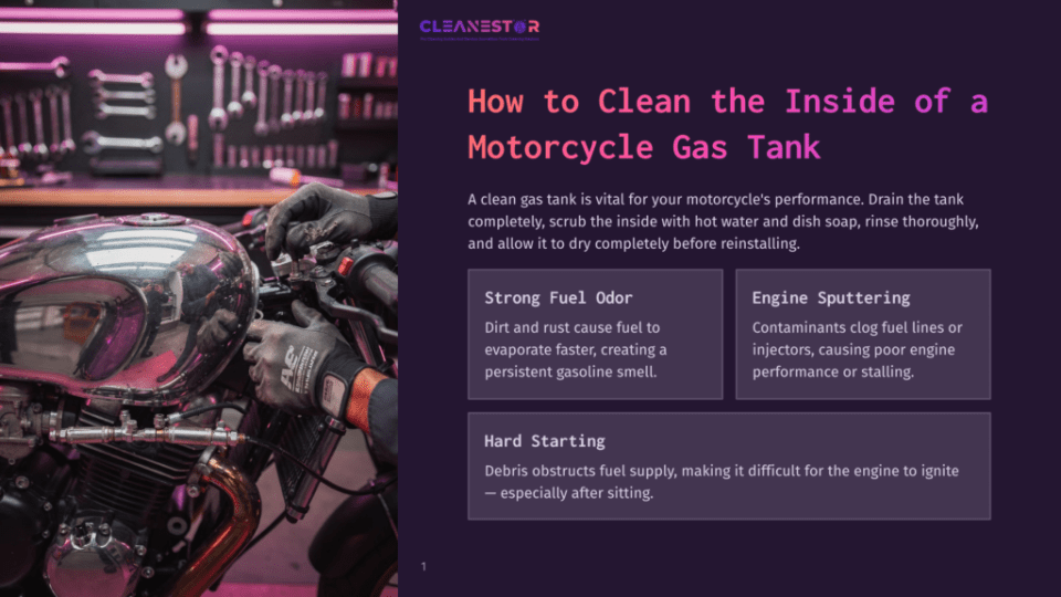 1 How To Clean The Inside Of A Motorcycle Gas Tank A Person In Black Gloves Works On The Chrome Gas Tank Of A Motorcycle, With A Toolbox And Wrenches In The Blurred Background. The Text &Quot;Cleanestor&Quot; And &Quot;How To Clean The Inside Of A Motorcycle Gas Tank&Quot; Is Visible.
