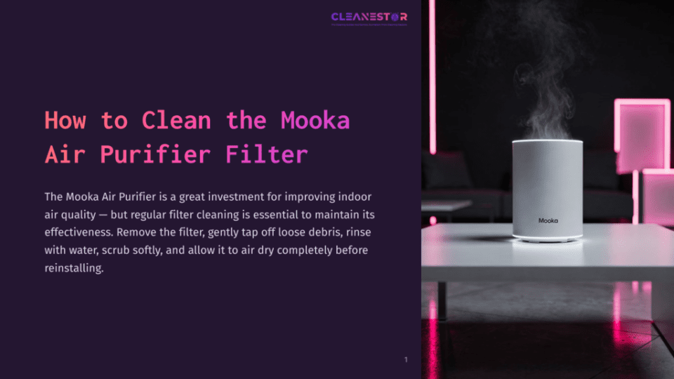 A Mooka Air Purifier Sits On A Table, Emitting Steam, With The Text &Quot;How To Clean The Mooka Air Purifier Filter&Quot; Overlaid On A Dark Purple Background.
