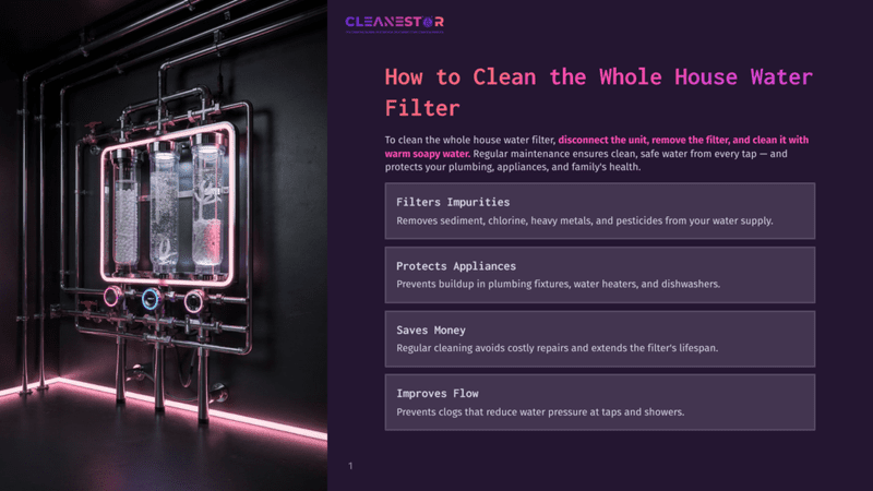 1 How To Clean The Whole House Water Filter Cleanestor Logo And Text &Quot;How To Clean The Whole House Water Filter&Quot; On A Dark Background With A Glowing Neon Pink Industrial Water Filtration System.