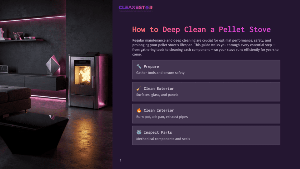 1 How To Deep Clean A Pellet Stove Cleanestor Guide On How To Deep Clean A Pellet Stove, Featuring A Modern Pellet Stove With A Glowing Fire In A Stylish Living Room.