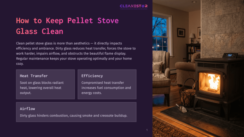 1 How To Keep Pellet Stove Glass Clean Cozy Living Room Scene With A Glowing Pellet Stove, Featuring A Close-Up Of The Glass Door, Text Overlaying The Left Side Discussing Pellet Stove Glass Maintenance And Efficiency.