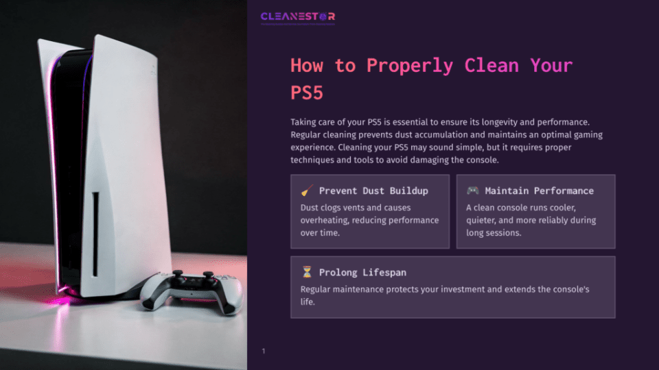 1 How To Properly Clean Your Ps5 A White Sony Playstation 5 (Ps5) Console Stands Vertically On A Reflective Surface, With A Dualsense Controller Resting In Front. The Text &Quot;Cleanestor&Quot; And &Quot;How To Properly Clean Your Ps5&Quot; Is Visible.