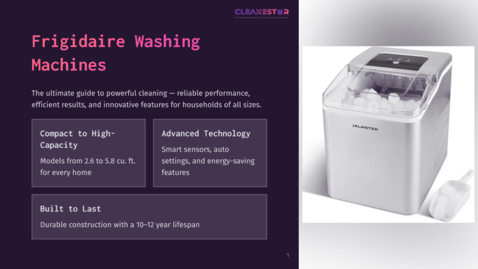 1 Frigidaire Washing Machines A Silver Jalantek Brand Portable Ice Maker Sits On A White Surface, Producing Ice Cubes, With A Scoop Beside It.