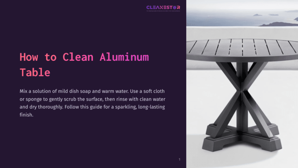 1 How To Clean Aluminum Table A Black Aluminum Table With A Slatted Top, Set Against A Bright Outdoor Scene Featuring A Blurred Background Of Sky And Water.