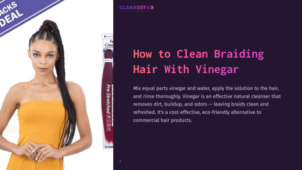1 How To Clean Braiding Hair With Vinegar A Woman With Braided Hair Stands Next To A Package Of Pre-Stretched Braiding Hair, With Text Overlaying The Image Reading &Quot;How To Clean Braiding Hair With Vinegar&Quot;.
