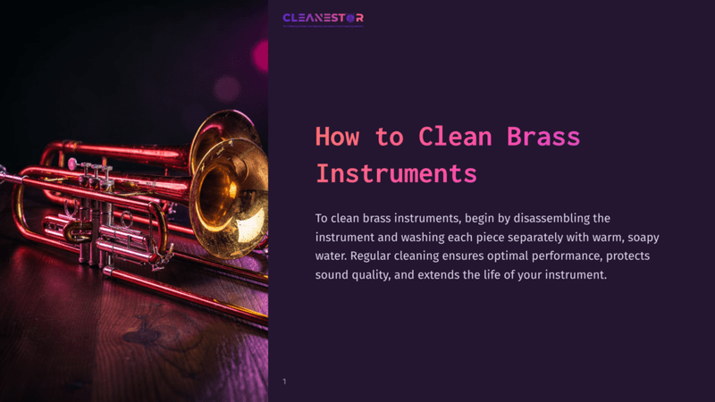 1 How To Clean Brass Instruments Close-Up Of A Gleaming Brass Trumpet On A Dark Wooden Surface, With The Title &Quot;How To Clean Brass Instruments&Quot; Overlaid In Purple Text. Soft Pink Bokeh Lights Are Visible In The Background.
