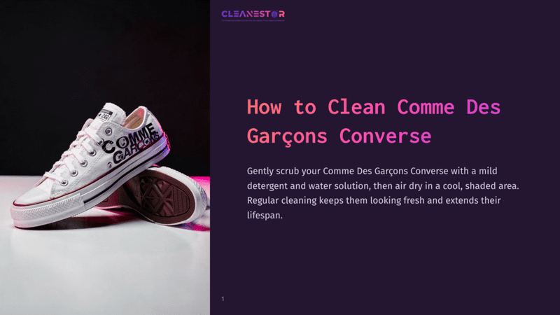 1 How To Clean Comme Des Garcons Converse White Comme Des Garçons Converse Sneakers With Red And Black Accents Are Artfully Displayed On A White Surface With A Purple Gradient Background. Text On The Image Reads &Quot;How To Clean Comme Des Garçons Converse.