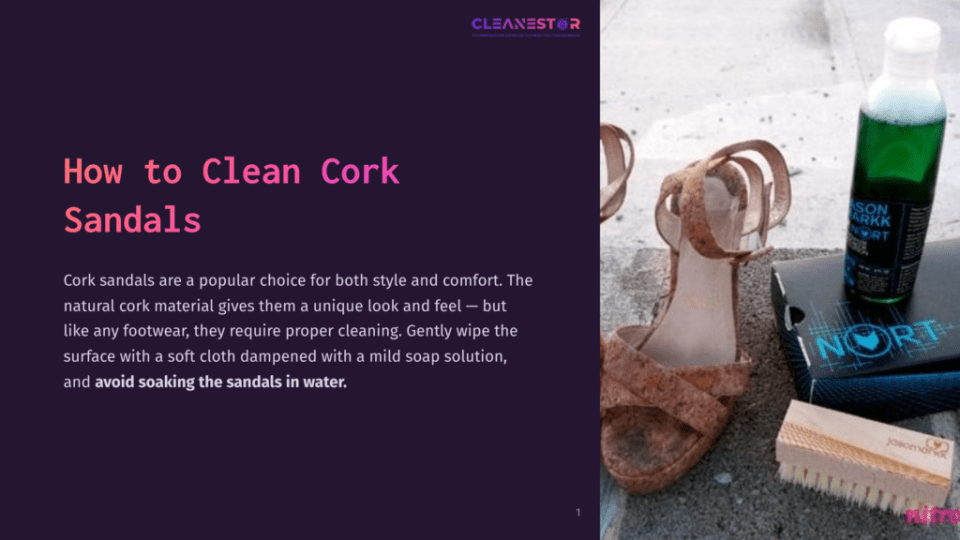Brown Cork Sandals Sit Next To A Spray Bottle, A Cleaning Solution, And A Soft Brush On A Dark Surface, With A Purple Background.