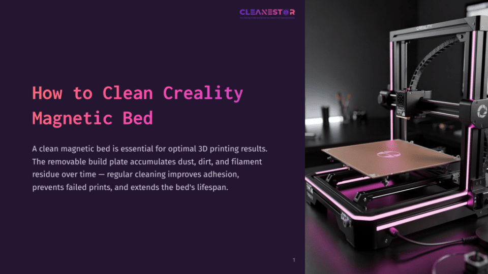 1 How To Clean Creality Magnetic Bed A Black Creality 3D Printer With A Removable Magnetic Bed, Illuminated By Pink Led Lights, Sits On A Desk. The Printer Is In Focus, With A Blurred Background Of A Workspace.