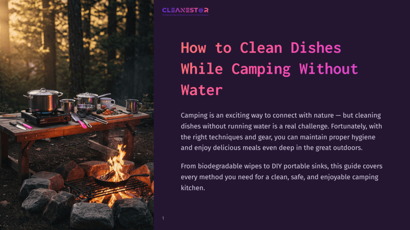 1 How To Clean Dishes While Camping Without Water A Rustic Campsite Scene With Cooking Pots On A Wooden Table Over A Crackling Campfire, Set Against A Golden Sunset. The Words &Quot;Cleanestor&Quot; And &Quot;How To Clean Dishes While Camping Without Water&Quot; Are Visible.