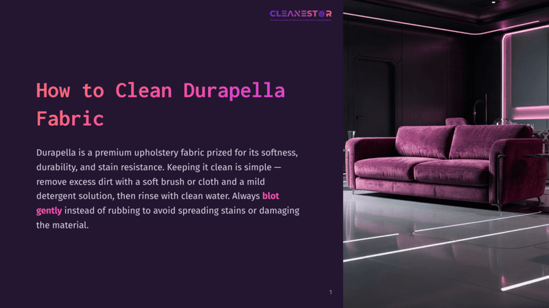 1 How To Clean Durapella Fabric A Plush, Deep Purple Durapella Fabric Sofa Sits In A Modern, Dimly Lit Room With Neon Pink Lighting Accents. Text On The Left Reads &Quot;How To Clean Durapella Fabric.