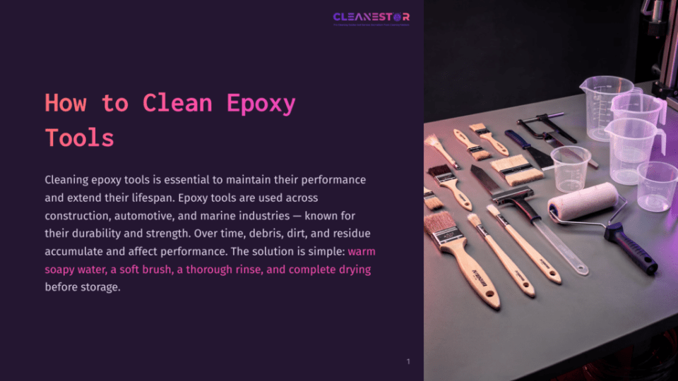 1 How To Clean Epoxy Tools Various Epoxy Tools, Including Brushes, Rollers, And Measuring Cups, Are Neatly Arranged On A Dark Surface, With Text Overlayed On The Left Side Of The Image Reading &Quot;How To Clean Epoxy Tools.