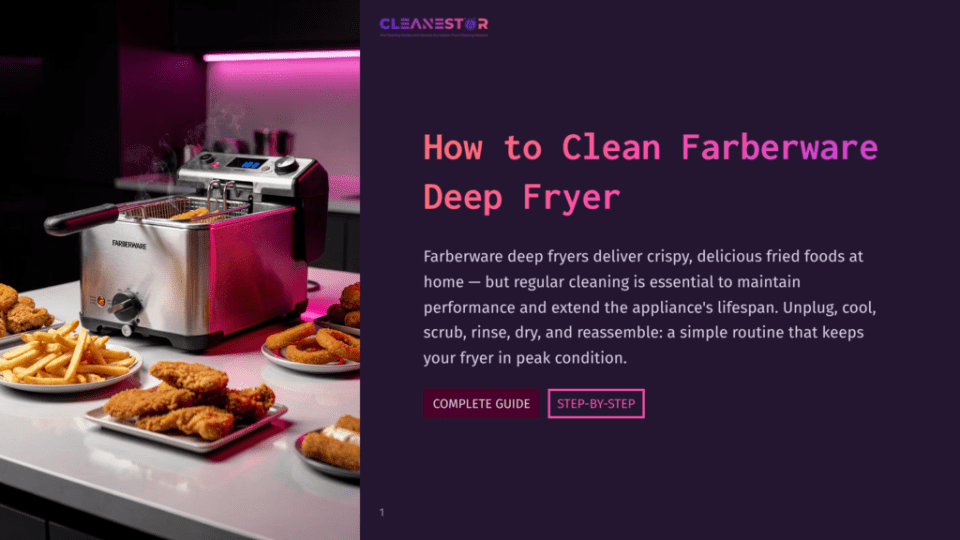 A Stainless Steel Farberware Deep Fryer On A Kitchen Counter, Filled With Hot Oil And Steaming, With Freshly Fried Chicken Tenders And Onion Rings On Plates Nearby. The Text &Quot;Cleanestor How To Clean Farberware Deep Fryer&Quot; Is Visible.