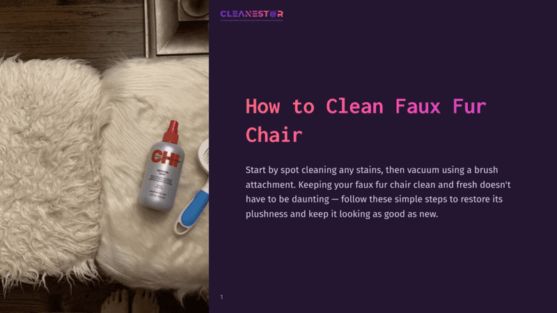 1 How To Clean Faux Fur Chair A Bottle Of Cleaning Solution, A Brush, And A Vacuum Cleaner Attachment On A White Faux Fur Chair, With A Dark Purple Background.