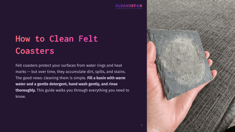 1 How To Clean Felt Coasters A Person'S Hand Holding A Textured, Dark Gray Felt Coaster Against A Soft Gray Fabric Background, With A Contrasting Purple Section Nearby.