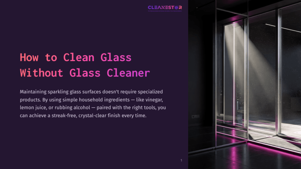 1 How To Clean Glass Without Glass Cleaner A Modern Interior With Large, Clear Glass Doors Reflecting Purple Light; Text In Bold White And Pink Outlines Cleaning Tips Using Household Items.