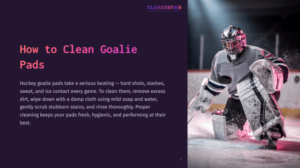 1 How To Clean Goalie Pads A Goalie In Full Hockey Gear, Wearing A Mask And Pads, Dives To Make A Save On An Ice Rink With Colorful Lighting.