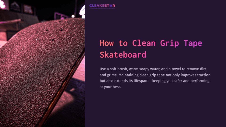 1 How To Clean Grip Tape Skateboard Close-Up Of Skateboard Grip Tape, Textured And Dark, With Subtle Pink And Purple Lighting. Text Overlay Reads &Quot;How To Clean Grip Tape Skateboard&Quot;.