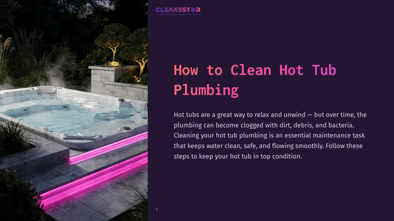 1 How To Clean Hot Tub Plumbing Cleanestor Logo On A Dark Purple Background With Text &Quot;How To Clean Hot Tub Plumbing.