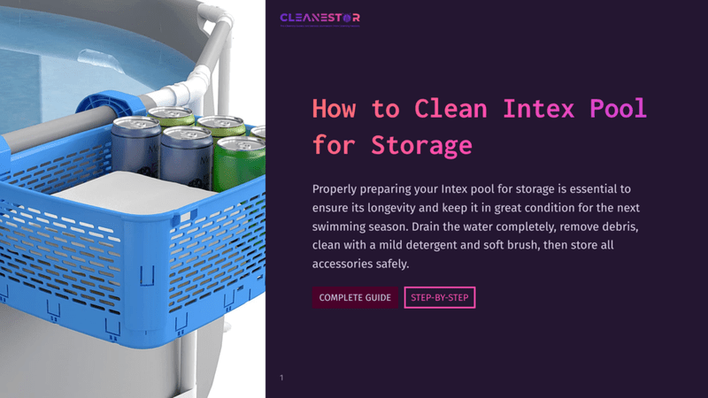 A Blue Plastic Basket Filled With Cans Sits On The Edge Of A Partially Filled Intex Pool, With The Text &Quot;Cleanestor&Quot; And &Quot;How To Clean Intex Pool For Storage&Quot; Visible.