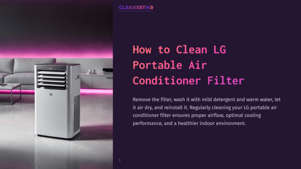 Lg Portable Air Conditioner In A Modern Living Room. The Text &Quot;How To Clean Lg Portable Air Conditioner Filter&Quot; Is Displayed.