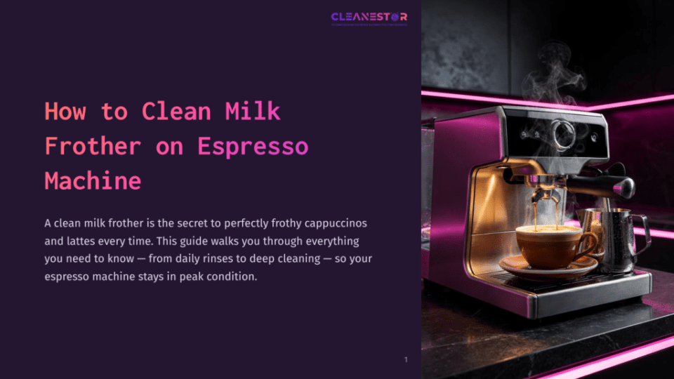 1 How To Clean Milk Frother On Espresso Machine Close-Up Of A Sleek Espresso Machine With A Milk Frother, Featuring A Vibrant Purple Design, Alongside A Cup Of Cappuccino.