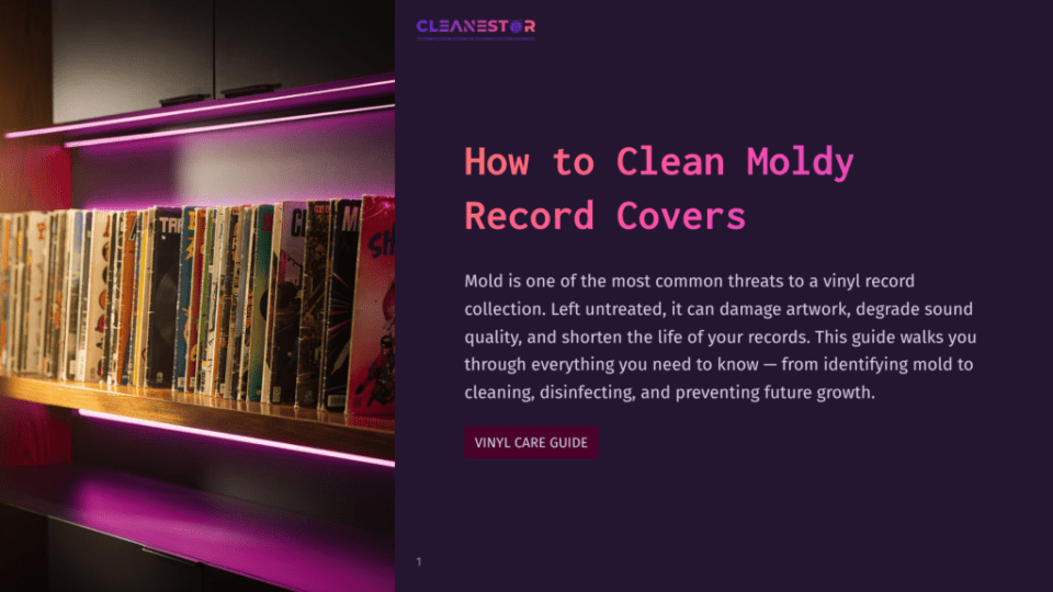 1 How To Clean Moldy Record Covers Vinyl Record Covers Displayed On A Shelf With Purple Lighting, Emphasizing The Textures And Colors Of The Covers Against A Dark Background.