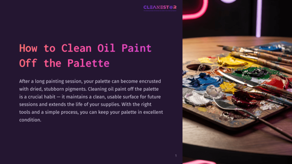 1 How To Clean Oil Paint Off The Palette A Close-Up Of A Wooden Artist'S Palette Covered In Vibrant, Thick Oil Paints And Well-Used Paintbrushes, With The Text &Quot;Cleanestor&Quot; And &Quot;How To Clean Oil Paint Off The Palette&Quot; Visible On The Left.