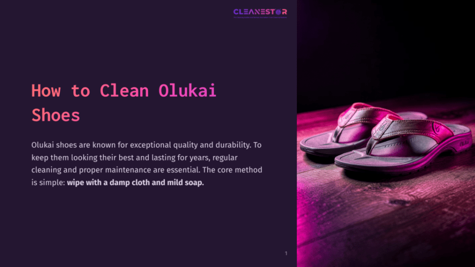 1 How To Clean Olukai Shoes Close-Up Of Olukai Flip-Flops On A Dark Wooden Surface, Illuminated By Vibrant Pink And Purple Light. The Text &Quot;How To Clean Olukai Shoes&Quot; Is Visible On The Left.