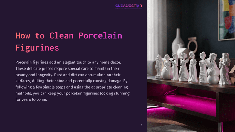 1 How To Clean Porcelain Figurines A Collection Of Delicate White Porcelain Figurines Are Displayed On A Dark Wood Shelf With Vibrant Pink Led Lighting Underneath. The Text &Quot;Cleanestor&Quot; Is Visible In The Top Right Corner.