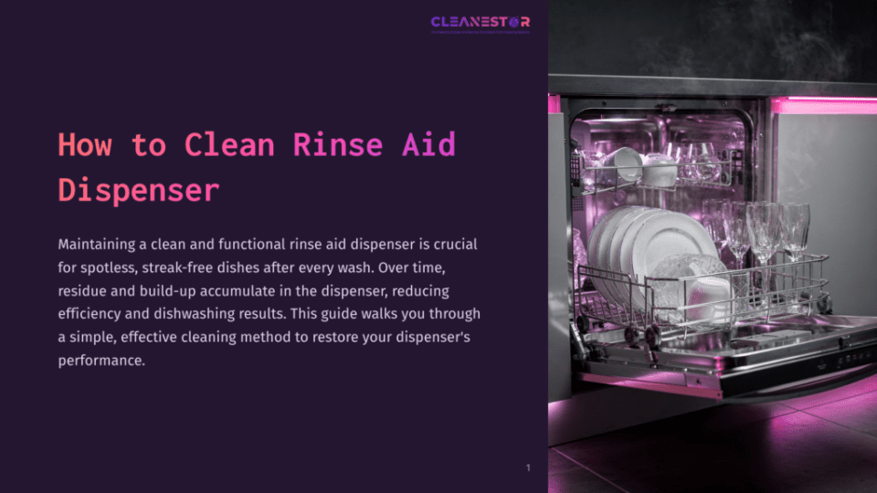 1 How To Clean Rinse Aid Dispenser A Dishwasher With An Open Door Displaying Clean Dishes, Including Plates And Glasses, Illuminated By Pink Lighting.
