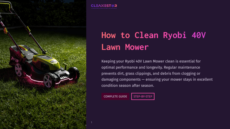 1 How To Clean Ryobi 40V Lawn Mower A Clean Ryobi 40V Lawn Mower Sits On A Lush Green Lawn At Dusk, Illuminated By Pink Led Lights. The Image Is Part Of A &Quot;How To Clean Ryobi 40V Lawn Mower&Quot; Guide.