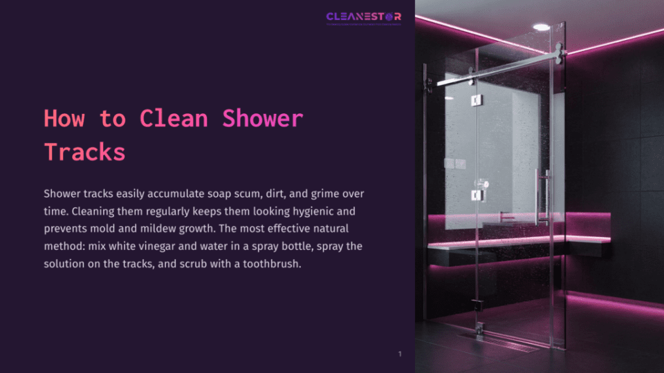 1 How To Clean Shower Tracks A Modern, Sleek Glass Shower Enclosure With Glowing Pink Led Lights. The Text &Quot;How To Clean Shower Tracks&Quot; Is Prominently Displayed On A Dark Purple Background To The Left.