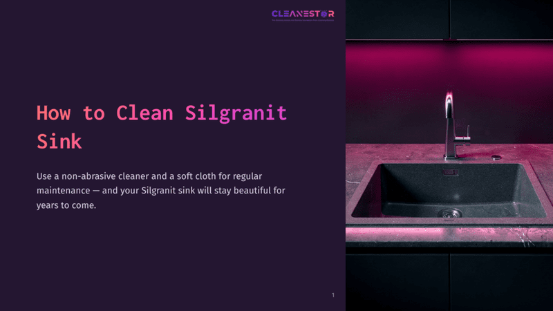 1 How To Clean Silgranit Sink A Dark Grey Silgranit Kitchen Sink With A Modern Faucet Is Shown In A Sleek, Contemporary Kitchen With Purple Under-Cabinet Lighting. The Text &Quot;How To Clean Silgranit Sink&Quot; Is Displayed Prominently On The Left.