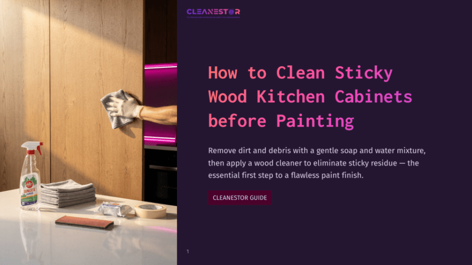 1 How To Clean Sticky Wood Kitchen Cabinets Before Painting A Hand Holding A Cloth Wipes Sticky Wood Kitchen Cabinets, With Cleaning Supplies And A Modern Kitchen Backdrop Featuring Pink Lighting.
