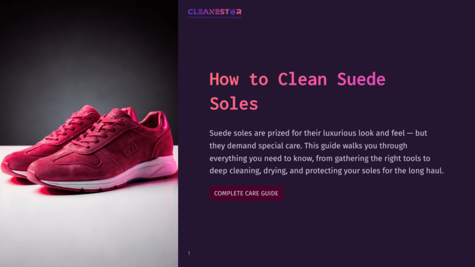 1 How To Clean Suede Soles A Pair Of Vibrant Red Suede Shoes Are Displayed Against A Dark, Moody Background. The Title &Quot;How To Clean Suede Soles&Quot; Is Prominently Displayed In Large Text Next To The Shoes.