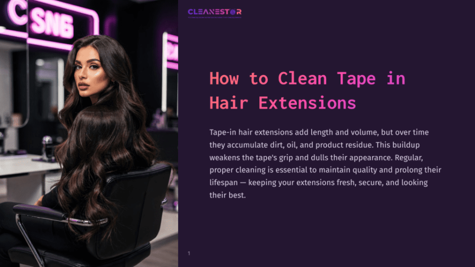 1 How To Clean Tape In Hair Extensions A Woman With Long, Dark, Wavy Hair Sits In A Salon Chair, With A Neon &Quot;Csnb&Quot; Sign Blurred In The Background. The Text &Quot;Cleanestor&Quot; And &Quot;How To Clean Tape In Hair Extensions&Quot; Is Visible.