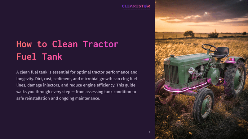 1 How To Clean Tractor Fuel Tank A Vintage Green Tractor Sits In A Field Of Dry Grass At Sunset, With Pink Neon Lights Accenting Its Wheels And Chassis. The Image Is Overlaid With The Text &Quot;Cleanestor&Quot; And &Quot;How To Clean Tractor Fuel Tank.