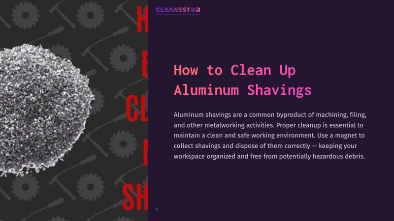 1 How To Clean Up Aluminum Shavings Close-Up Of A Pile Of Aluminum Shavings With A Dark, Textured Background Featuring Saw Blade Graphics. Overlay Text Reads &Quot;Cleanestor&Quot; And &Quot;How To Clean Up Aluminum Shavings&Quot;.