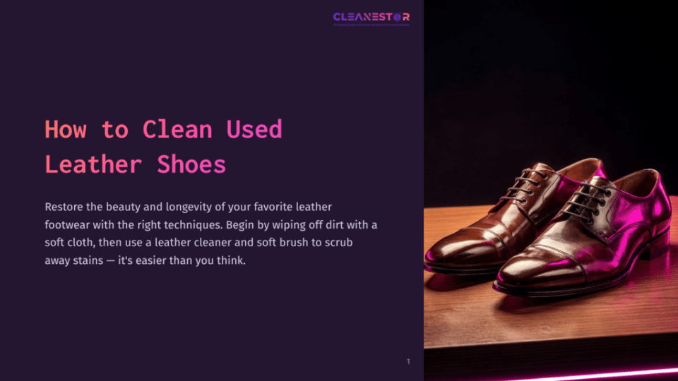 1 How To Clean Used Leather Shoes A Pair Of Polished Brown Leather Oxford Shoes Rest On A Wooden Surface, Illuminated By Pink And Purple Neon Lights. The Text &Quot;How To Clean Used Leather Shoes&Quot; Is Visible On The Left.